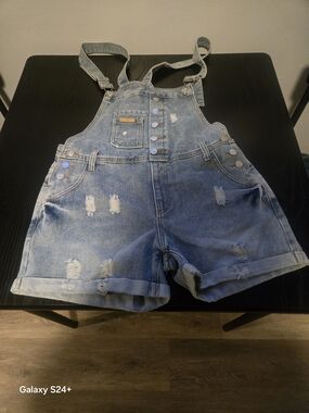 Denim Short Overalls Romper - Light Blue